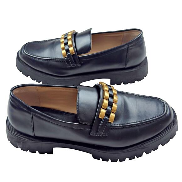 Zara Black Gold Chunk Platform Flat Loafer Shoe Sz 41 Women's 10.5 - Picture 5 of 7